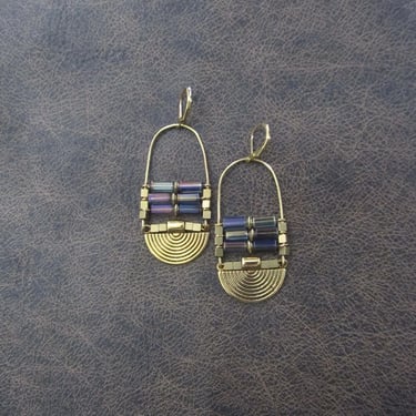 Gold ethnic earrings, iridescent glass earrings 