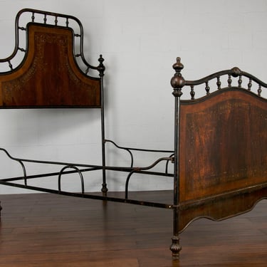 19th Century Italian Neoclassical Wrought Iron Painted Full-size Bed W/ Mother Of Pearl 