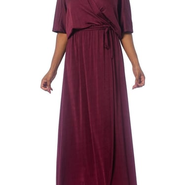 1970S Burgundy Polyester Jersey Maxi Wrap Dress With Sheer Lace Back 