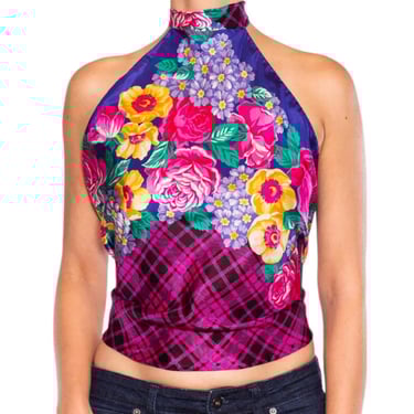 Morphew Collection Purple, Pink  Black Floral Silk Tie Top Made From Vintage Scarf 