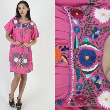 Pink Cotton Womens Embroidered Mexican Puebla Dress XL 