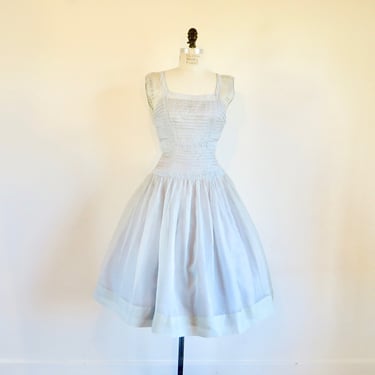 1950's Blue gray Silk Organza Fit and Flare Party Dress Back bows Pintucks Lace Trim rockabilly 50's spring Summer 29