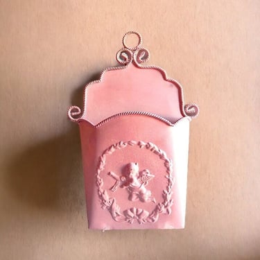 VINTAGE Inspired Pink Metal Wall Organizer Shabby Chic Pink Upcycled Metal Wall Pocket Repurposed Metal Wall Pocket in soft pink hues 