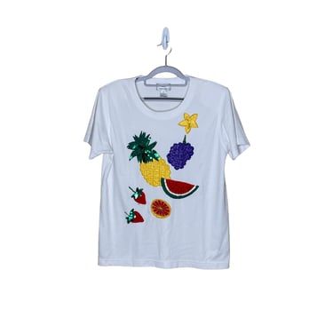 Vintage Women's Lisa International Sequin Beaded Pineapple Watermelon Tutti Frutti Fruit Shirt, Size L 