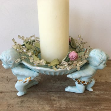 Vintage Cherub Soap Dish, Blue Ceramic Pedestal Candle Dish Held Up By Putti, Mid Century Modern Bathroom, Shabby ChicPlease See All Photos 