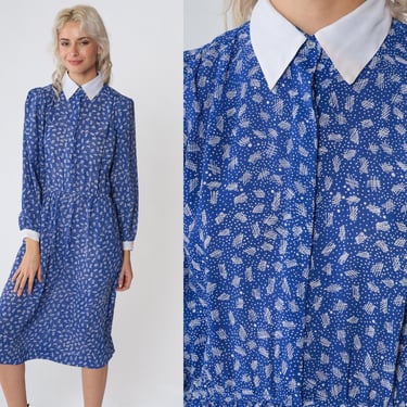 80s Secretary Dress Blue Collared Midi Dress Puff Sleeve White Ditsy Dot Abstract Stick Print High Waisted Long Sleeve Vintage 1980s Small S 