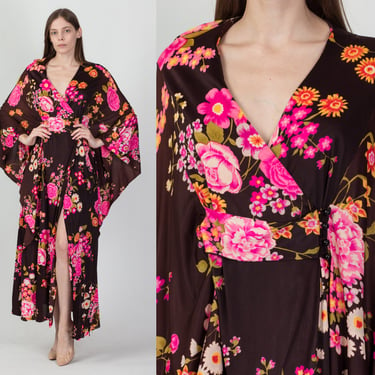 60s Butterfield 8 Floral Maxi Kaftan Dress, As Is - Medium | Vintage Draped Boho Wrap Front Slit Sundress 