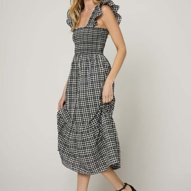 The Standard Stitch Flounce Smocked Midi Dress - Black Checkered
