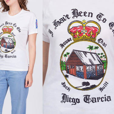 Vintage Diego Garcia "The House That Jack Built" Fitted T Shirt - Medium | 90s Graphic Union Jack Political Tourist Tee 