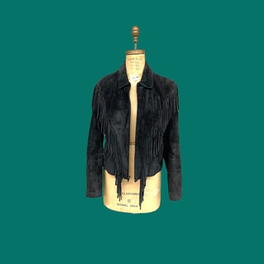 Vintage Fringe Jacket Retro 1980s Wilsons + Suede and Leather + Black + Size 40 + Western Wear + Cold Weather + Womens Apparel 