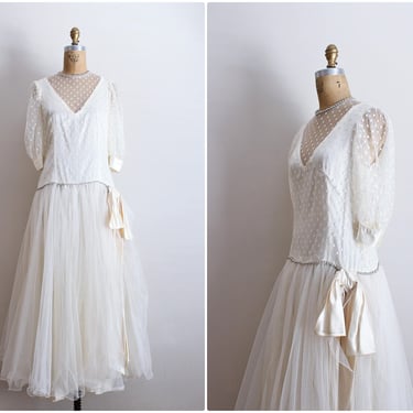 Vintage 80s does 20s Wedding Dress / 1920s Wedding Dress / Polka dot Wedding Dress / Great Gatsby / Drop Waist Dress/ Bow Dress / Size S/M 