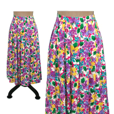 M 80s Cottagecore Floral Skirt Medium, High Waist Pleated Midi Skirt, Flowy Rayon Colorful Print, Spring Summer 1980s Clothes Women Vintage 