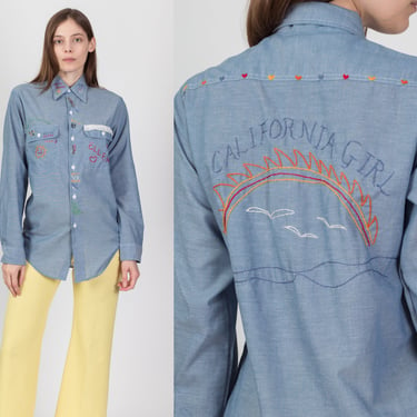 70s California Girl Chambray Embroidered Shirt - Medium | Vintage Blue Lightweight Button Up Long Sleeve Top 