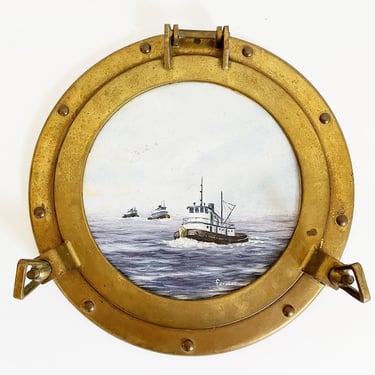 Vintage Nautical Oil Painting in Porthole Window 