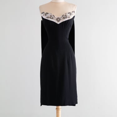 Iconic Late 1950's Little Black Dress With Illusion Neckline by Mr. Blackwell / S