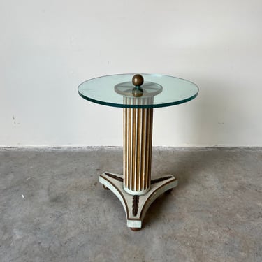 Hollywood Regency Carved Wood Column & Brass Feet Accent Table 