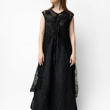 Hubert Sleeveless Draped Laser Cut Leather Sides Crinkle Texture Maxi Dress