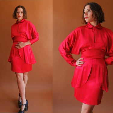 Vintage 80s Norma Kamali Batwing Mini Dress/ 1980s Red Satin Keyhole Tulip Skirt/ Size XSmall 24 