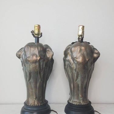 Pair of Vintage American Art Deco Orientalist Style Sculptural Brass Elephant Table Lamps Attributed to Chapman 