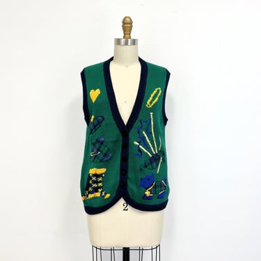 Vintage Sweater Vest with Scotty Dog | 90s Scottish Theme  | Velvet Buttons and Gold Charms | Size Medium 