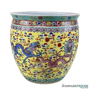 Vintage Chinese Famille Jaune Porcelain & Enamel Dragon Jardiniere Planter