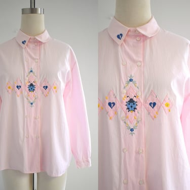 1980s/90s Austrian Pink Striped Embroidered Blouse 