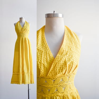1970s Bright Yellow Halter Maxi Dress 