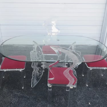 Butterfly Lucite Base Glass Top Dining Table and Four Chairs 4892