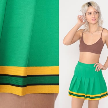 70s Cheer Skirt Green Pleated Mini Tennis Skirt High Waist Skirt 1970s Preppy Cheerleader Outfit Clueless Yellow Striped Vintage 2xs xxs 