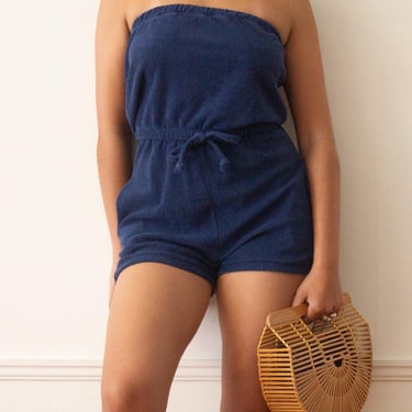 Late 1970s Navy Blue Terry Cloth Strapless Playsuit 