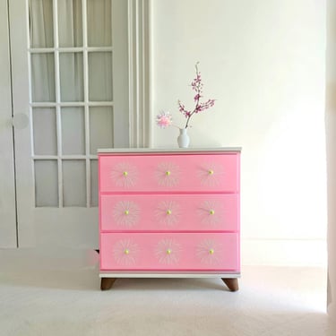 pretty pink nightstand , vintage hot pink flowers, 1970s 1960s flower power, neon pink, dayglow, mini dresser dopamine home nj nyc 