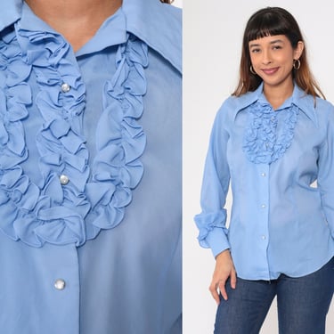 Ruffled Western Blouse 80s Blue Pearl Snap Shirt Ruffle Jabot Collar Long Sleeve Button up Cowgirl Top Rodeo Country Vintage 1980s Medium M 