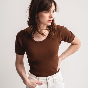 The Berlin Tee in Chocolate Brown | Vintage Ribbed Tee T Shirt | Rib Knit Tee | 100% Cotton | XS S 