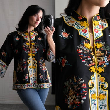 Vintage Black Silk Vibrant Hand Embroidered Traditional Chinese Shirt Jacket w/ Floral Garden Design | 100% Silk | Antique Silk Boho Jacket 