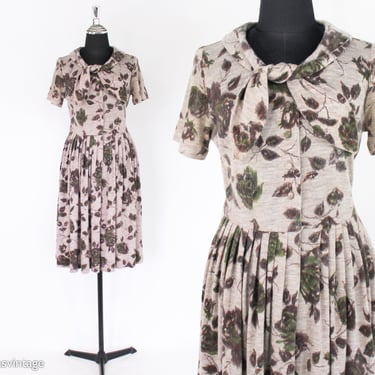 1950s Brown Floral Knit Dress | 50s Beige Wool Knit Flowered Dress | Small 