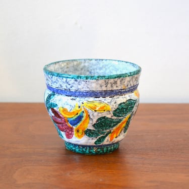 Vintage Italian Modern Pottery Planter Pot in White and Blue with Hand Painted Floral Design - 4" x 5" 