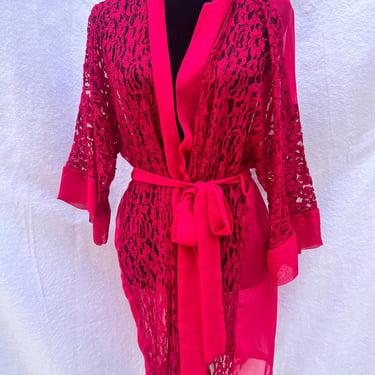 Hot Pink Robe, Vintage Robe, Lace Robe, Vintage Lingerie, Vintage Robe, Robe by The Lingerie Collection, Sheer Robe 