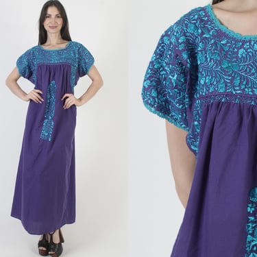 Purple Oaxacan Dress, Floral Mexican Embroidered Caftan, Womens San Antonio Style, Made In Mexico 