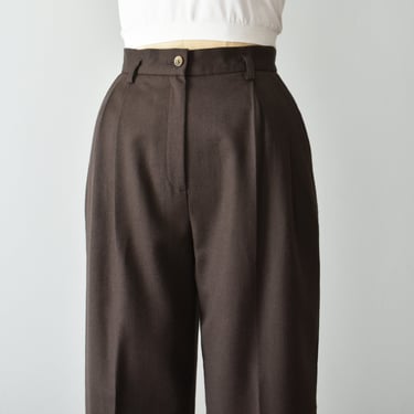 vintage wool trousers, tailored dark brown high waist pants 
