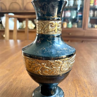 Vintage Brass and Enamel Black and Gold Vase, Engraved Floral | Grecian, Chinese 