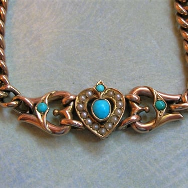 Antique Victorian 9CT Gold with Turquoise and Pearl Bracelet, 9K Gold Bracelet, Old Victorian Bracelet With Turquoise (#4110) 