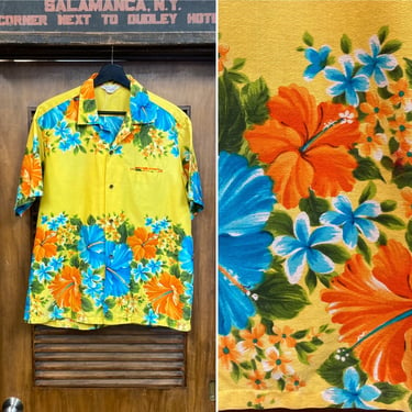 Vintage 1960’s Tiki Floral Border Loop Collar Cotton Hawaiian Shirt, 60’s Tropical Shirt, Vintage Clothing 