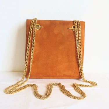 1970's Copper Bronze Brown Suede Purse with Gold Metal Curb Chain Shoulder Strap 70's Fall Winter Handbags 