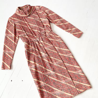 1970s Pleated Abstract Print Dress 
