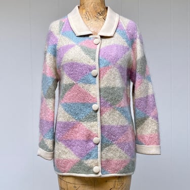 Vintage 1960s Hand-Knit Wool Cardigan, Mid-Century Ivory and Pastel Geometric Pattern Sweater by Dorina Made in Italy, Medium 38