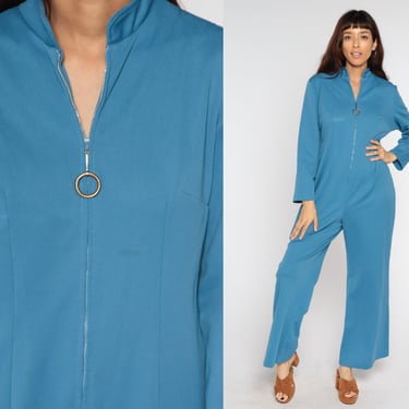 70s Jumpsuit Blue Wide Leg Pants Boho Bell Bottom Zip Up Bohemian One Piece Button Up 1970s Long Sleeve Vintage Large Extra Large XL 
