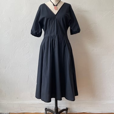 Vintage Albert Nipon Black Cotton Midi Dress with Satin Ribbon M