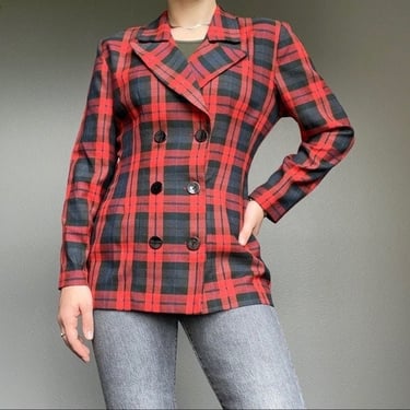 Vintage 80s Women’s Red Black Tartan Plaid Double Breasted Blazer Jacket Sz M 