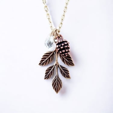 Leaf Charm Necklace with Crystal and Pinecone, Gift for Her, Personalized Jewelry, Woodland Jewelry, Bridesmaid Winter Necklace Set 