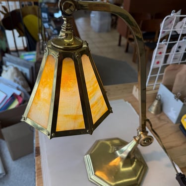 Free shipping within continental US - Antique Arts and Crafts Brass and Slag Stained Glass Lamp c.1910 by Salo Metal Arts Company 